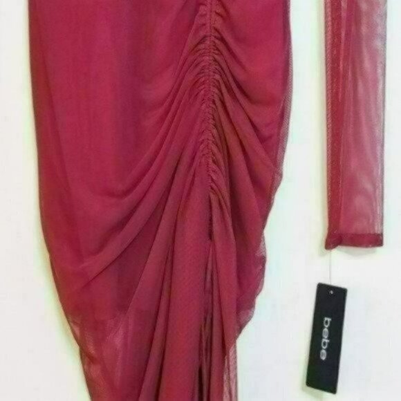NWT BEBE Illusion Neck Sheer Mesh Overlay Ruched Sexy Cocktail Party Mini Dress - Picture 9 of 12